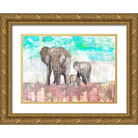 Elephant Family Gold Ornate Wood Framed Art Print with Double Matting by Baran, John