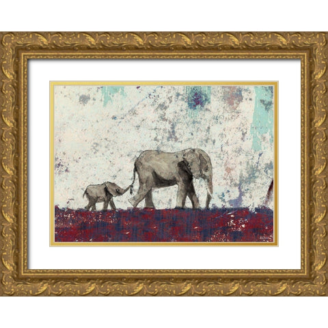 Elephant March Gold Ornate Wood Framed Art Print with Double Matting by Baran, John