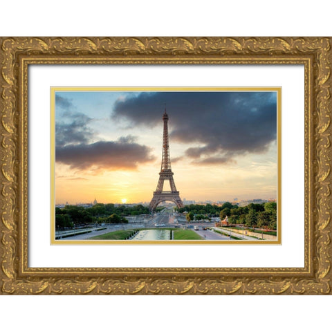 Eiffel Tower Sunset Gold Ornate Wood Framed Art Print with Double Matting by Blaustein, Alan