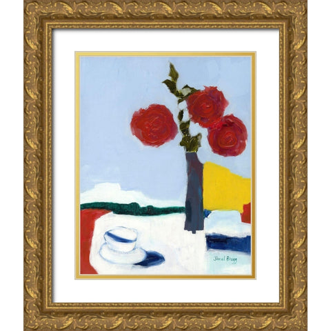 Rose and Teacup Gold Ornate Wood Framed Art Print with Double Matting by Bragg, Janel