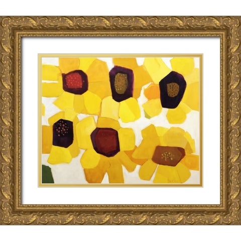 Six Sunflowers Gold Ornate Wood Framed Art Print with Double Matting by Becker, Anne