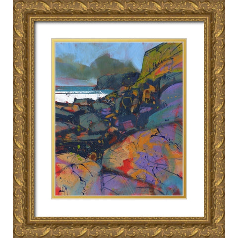 Morfa Cove Rocks Gold Ornate Wood Framed Art Print with Double Matting by Bailey, Paul