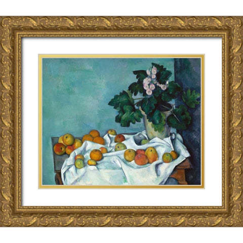 Still Life with Apples and a Pot of Primroses Gold Ornate Wood Framed Art Print with Double Matting by Cezanne, Paul