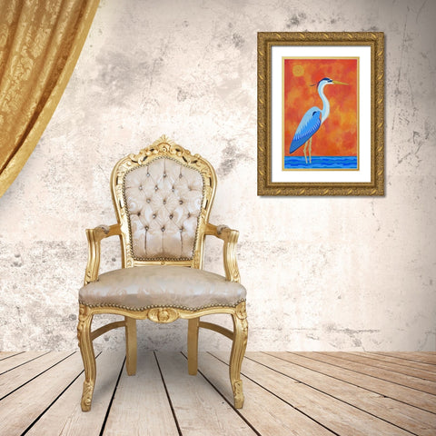 Blue Heron Gold Ornate Wood Framed Art Print with Double Matting by Craig, Casey
