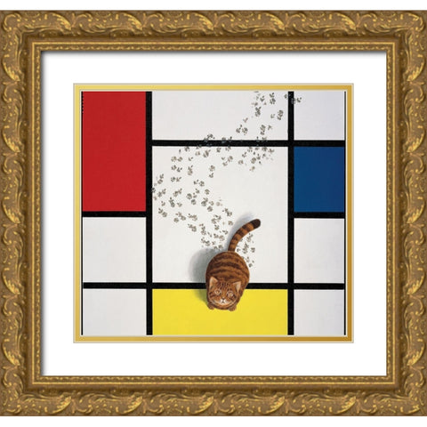 Mondrian Cat Gold Ornate Wood Framed Art Print with Double Matting by Chameleon Design, Inc.