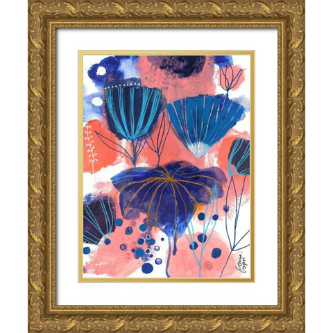 Blumen Blues Gold Ornate Wood Framed Art Print with Double Matting by Capri, Corina