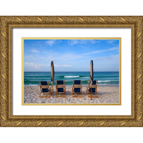 Beach Chairs Gold Ornate Wood Framed Art Print with Double Matting by Cannon, George