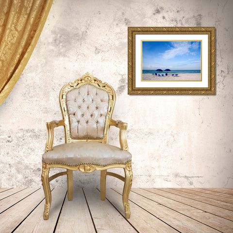 Blue Chairs and Umbrellas Gold Ornate Wood Framed Art Print with Double Matting by Cannon, George
