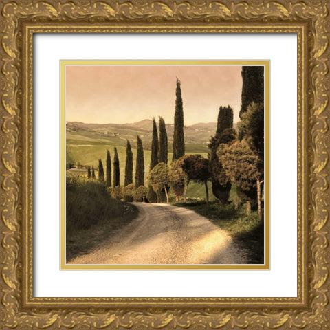 Country Lane Tuscany Gold Ornate Wood Framed Art Print with Double Matting by Carmel, Elizabeth