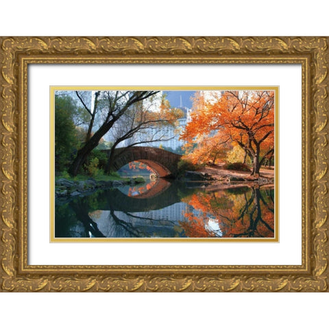 Gapstow Bridge Fall Gold Ornate Wood Framed Art Print with Double Matting by Chen, Michael
