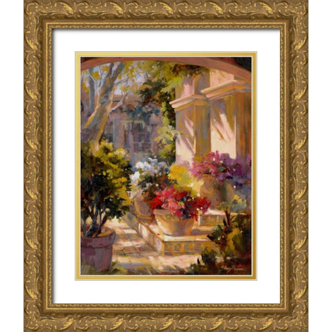 Flowered Courtyard Gold Ornate Wood Framed Art Print with Double Matting by Carr, Betty