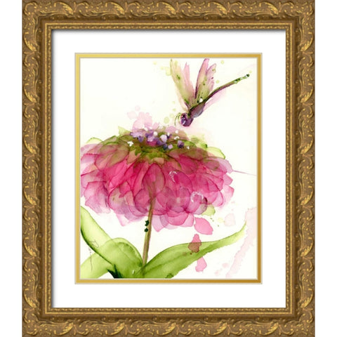 Dragonfly and Zinnia Gold Ornate Wood Framed Art Print with Double Matting by Derman, Dawn