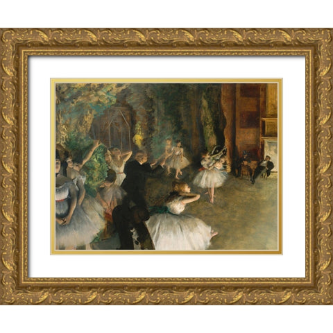 The Rehearsal of the Ballet Onstage Gold Ornate Wood Framed Art Print with Double Matting by Degas, Edgar