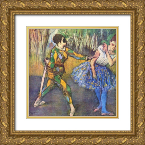 Harlequin and Colombine Gold Ornate Wood Framed Art Print with Double Matting by Degas, Edgar