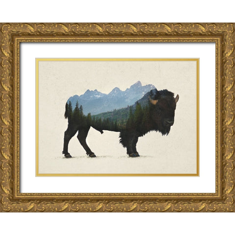 Grand Teton Bison Gold Ornate Wood Framed Art Print with Double Matting by Davies Babies