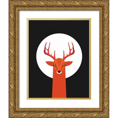 Deer and Moon Gold Ornate Wood Framed Art Print with Double Matting by Dalyan, Volkan
