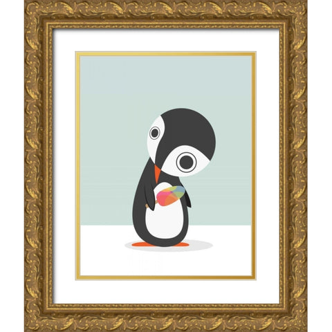 Pingu Loves Ice Cream Gold Ornate Wood Framed Art Print with Double Matting by Dalyan, Volkan