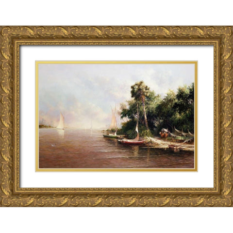 Fisherman Landing Gold Ornate Wood Framed Art Print with Double Matting by Fronckowiak, Art