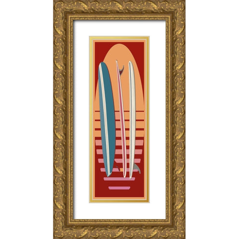 Surfboard Sunset Gold Ornate Wood Framed Art Print with Double Matting by Fielding, Edward M.