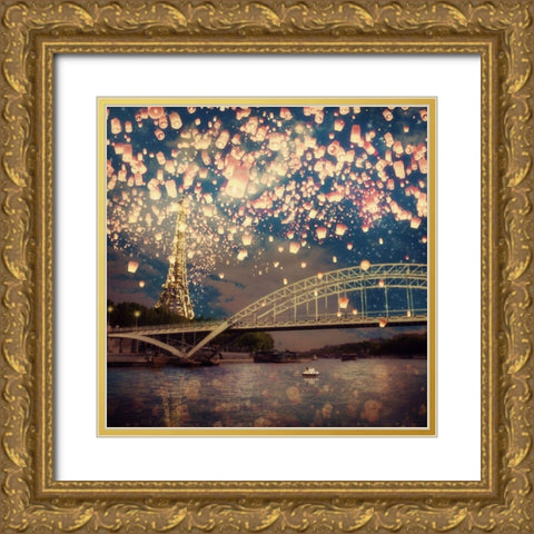 Love Wish Lanterns Over Paris Gold Ornate Wood Framed Art Print with Double Matting by Flores, Paula Belle
