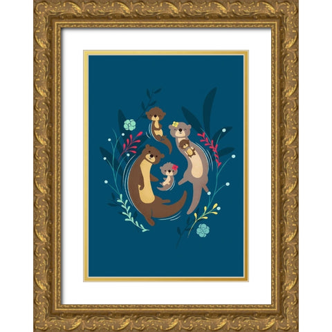 Otter Family Gold Ornate Wood Framed Art Print with Double Matting by Fleck, Jay