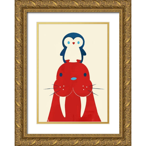Penguin and Walrus Gold Ornate Wood Framed Art Print with Double Matting by Fleck, Jay