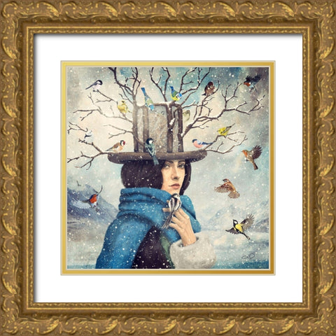 The Lady With The Bird Feeder Hat Gold Ornate Wood Framed Art Print with Double Matting by Flores, Paula Belle