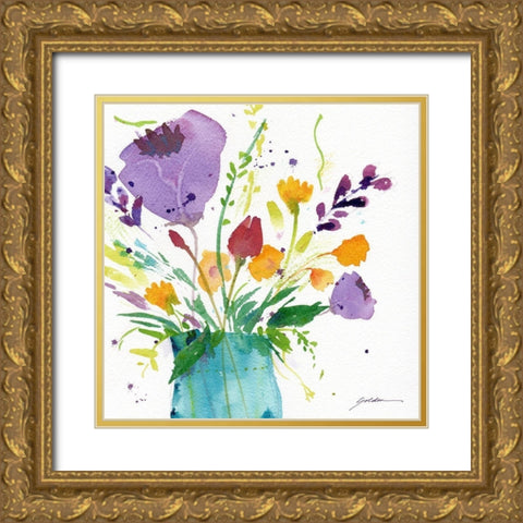 Teal Vase With Bright Flowers Gold Ornate Wood Framed Art Print with Double Matting by Golden, Sheila