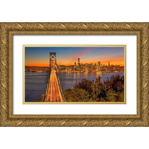 Bay Bridge and Evening Commute Gold Ornate Wood Framed Art Print with Double Matting by Gavrilis, John