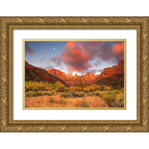 Temple Sunrise And Moon Gold Ornate Wood Framed Art Print with Double Matting by Gavrilis, John