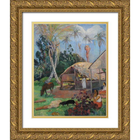 The Black Pigs Gold Ornate Wood Framed Art Print with Double Matting by Gauguin, Paul