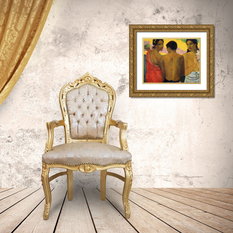 Three Tahitians Gold Ornate Wood Framed Art Print with Double Matting by Gauguin, Paul