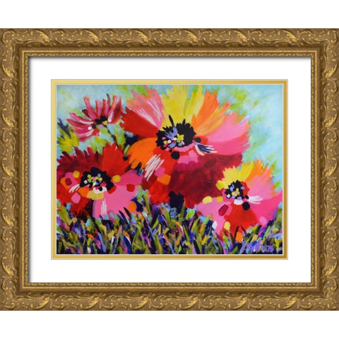 Big Red Poppies Gold Ornate Wood Framed Art Print with Double Matting by Gatens, Pamela