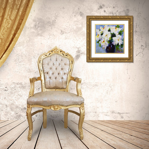 White Peony Bouquet Gold Ornate Wood Framed Art Print with Double Matting by Gatens, Pamela