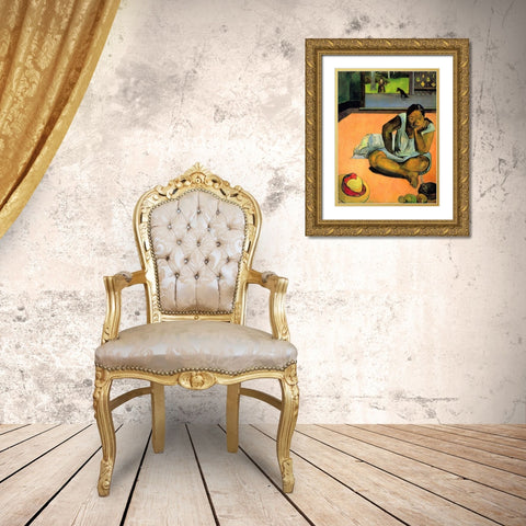 La Boudeuse (Te Faaturuma) Gold Ornate Wood Framed Art Print with Double Matting by Gauguin, Paul