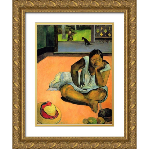 La Boudeuse (Te Faaturuma) Gold Ornate Wood Framed Art Print with Double Matting by Gauguin, Paul