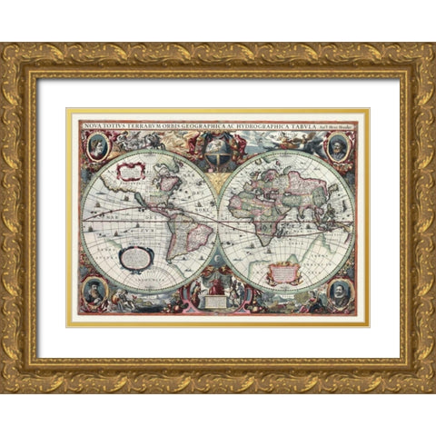 Nova Totius Terrarum Orbis Tabula Gold Ornate Wood Framed Art Print with Double Matting by Hondius, Hendrik