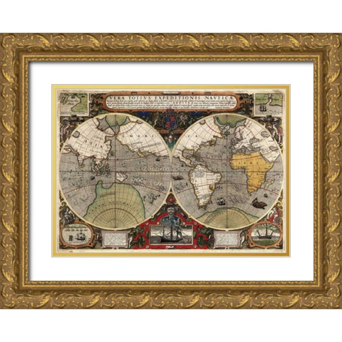 Vera Totius Expeditionis Nauticae Gold Ornate Wood Framed Art Print with Double Matting by Hondius, Jodocus