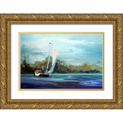 Sailboat Gold Ornate Wood Framed Art Print with Double Matting by Hallock, Carol