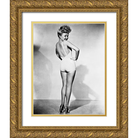 Betty Grable 1944 WWll Pinup Girl Gold Ornate Wood Framed Art Print with Double Matting by Unknown