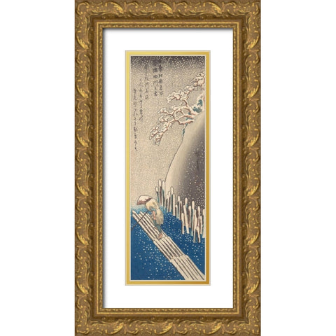 Sumida River in the Snow Gold Ornate Wood Framed Art Print with Double Matting by Hiroshige, Utagawa