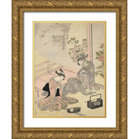 Cortesan Dreaming Gold Ornate Wood Framed Art Print with Double Matting by Harunobu, Suzuki