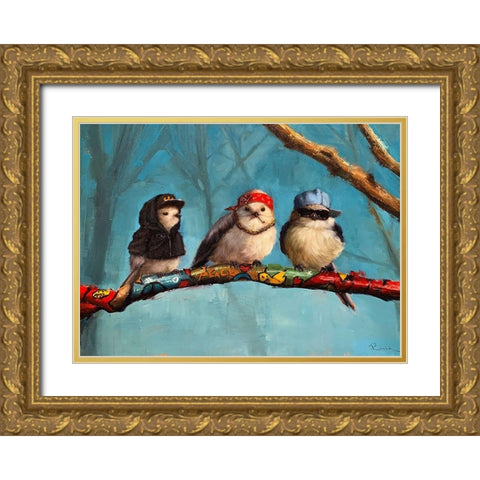Birdz In Da Hood Gold Ornate Wood Framed Art Print with Double Matting by Heffernan, Lucia