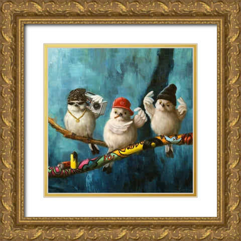 Birdz in da Hood No. 2 Gold Ornate Wood Framed Art Print with Double Matting by Heffernan, Lucia