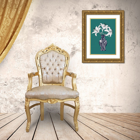 Lily On Teal Gold Ornate Wood Framed Art Print with Double Matting by Horvat, Ioana