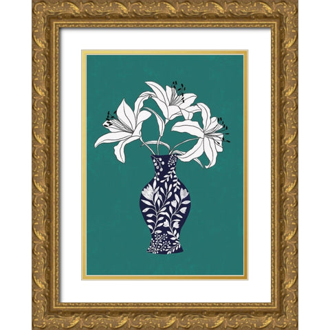 Lily On Teal Gold Ornate Wood Framed Art Print with Double Matting by Horvat, Ioana