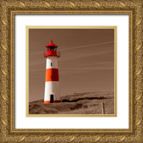 Red and White Lighthouse Gold Ornate Wood Framed Art Print with Double Matting by PhotoINC Studio