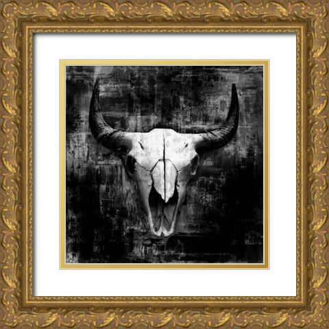 Black Cowskull Gold Ornate Wood Framed Art Print with Double Matting by GraphINC