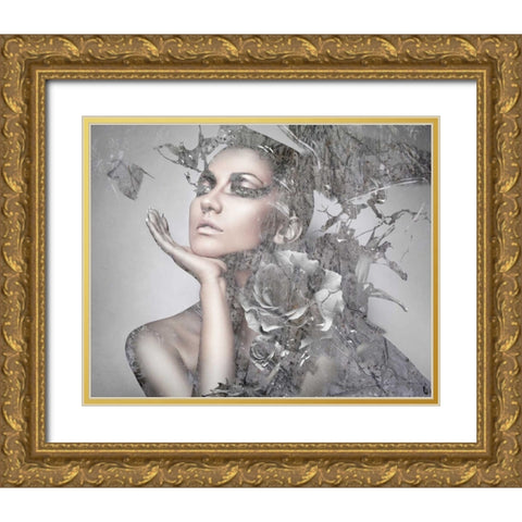 Cool Grey Gold Ornate Wood Framed Art Print with Double Matting by GraphINC