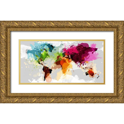 Colourful World Map Gold Ornate Wood Framed Art Print with Double Matting by GraphINC
